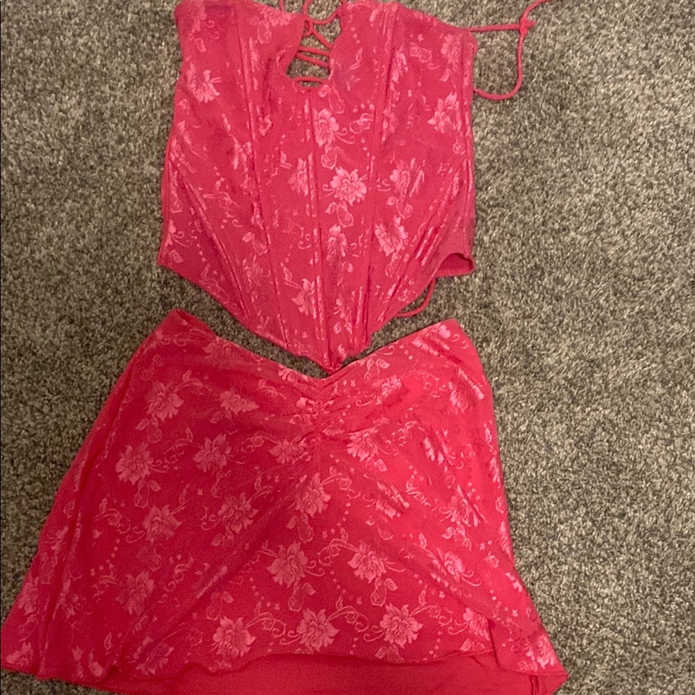 Floral Lace-Up Red Top and Skirt Set